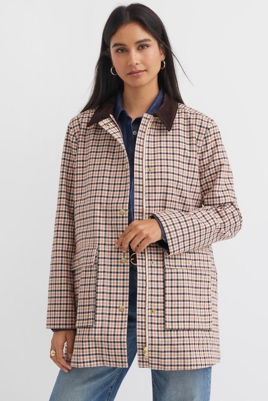 LOFT Brown Plaid Barn Jacket Women's Large Like New Corduroy Collar